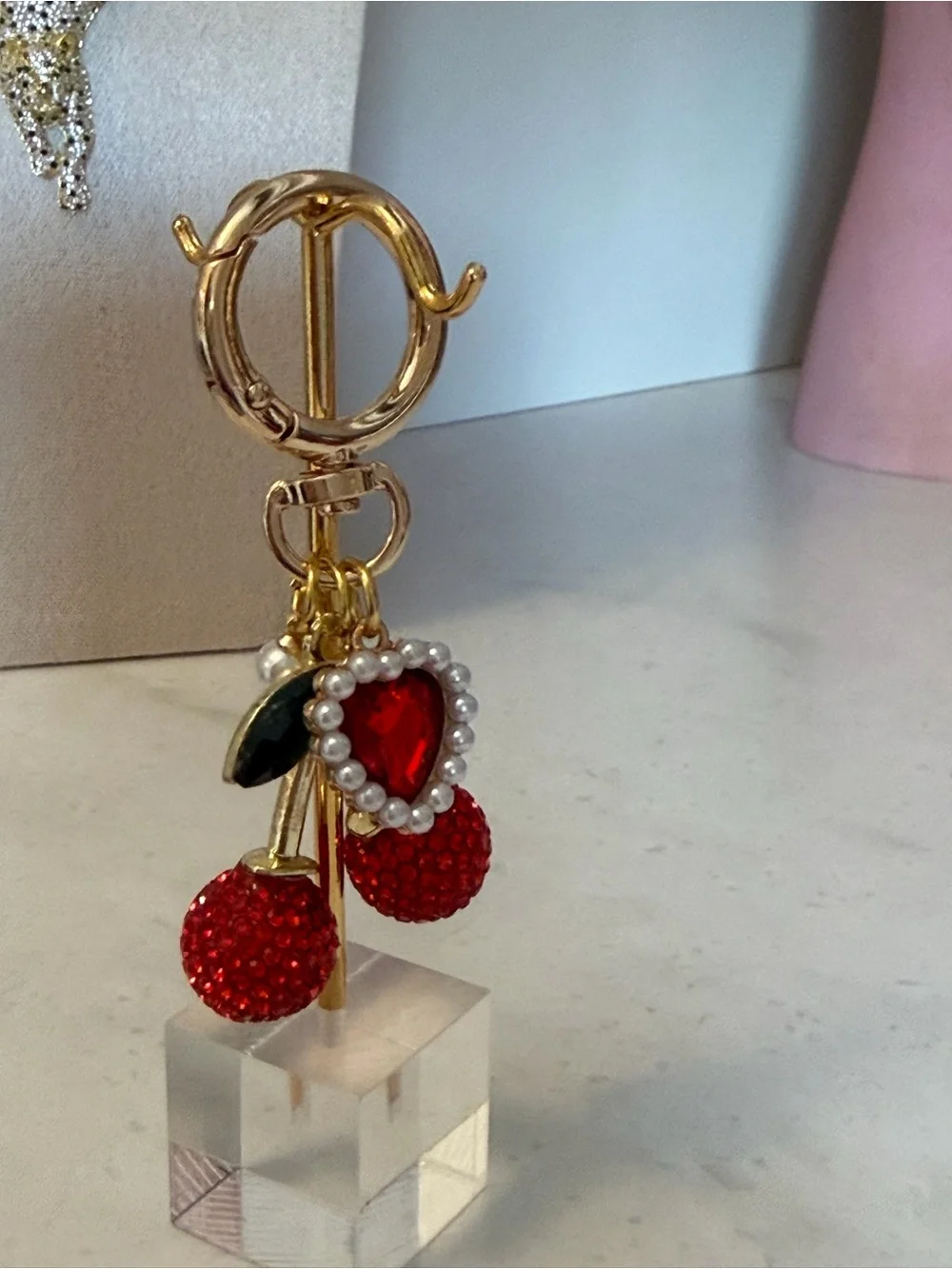 Gold Cherry Charm Keychain with Red Crystal Hearts and faux Pearls